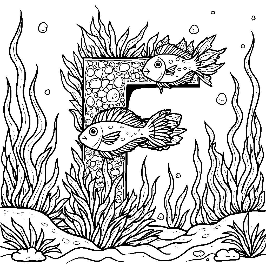 An aquarium scene featuring the letter F made of seaweed and fish