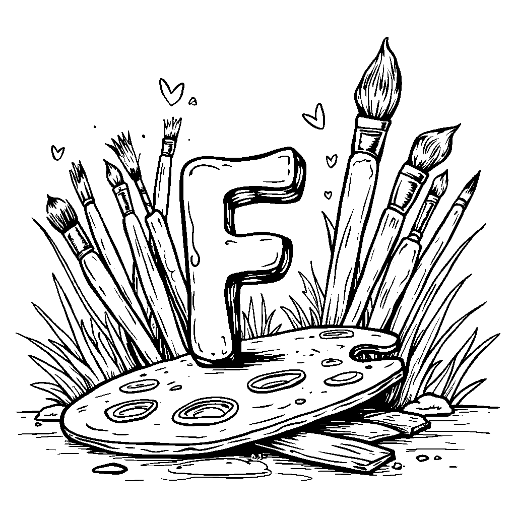 An artistic palette featuring the letter F surrounded by paintbrushes.