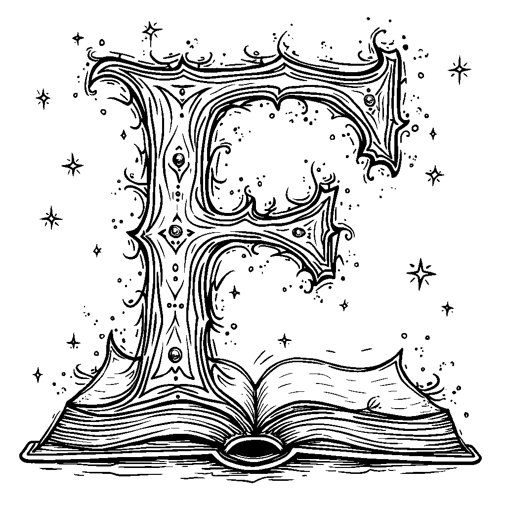 An enchanted book shaped like the letter F, with magical sparkles.