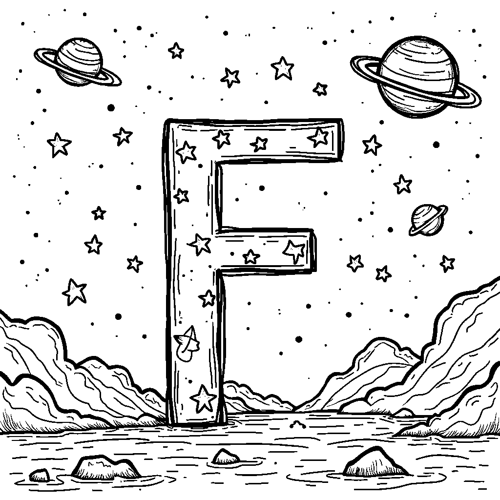 An outer space scene with the letter F made of stars and planets