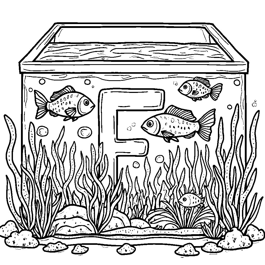 The letter F as a cozy fish tank filled with colorful fish swimming.