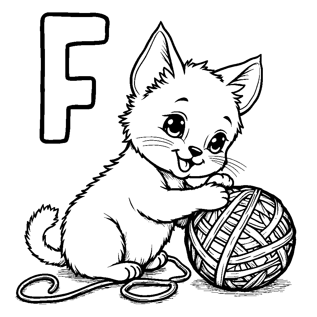 The letter F as a cute kitten playing with a ball of yarn