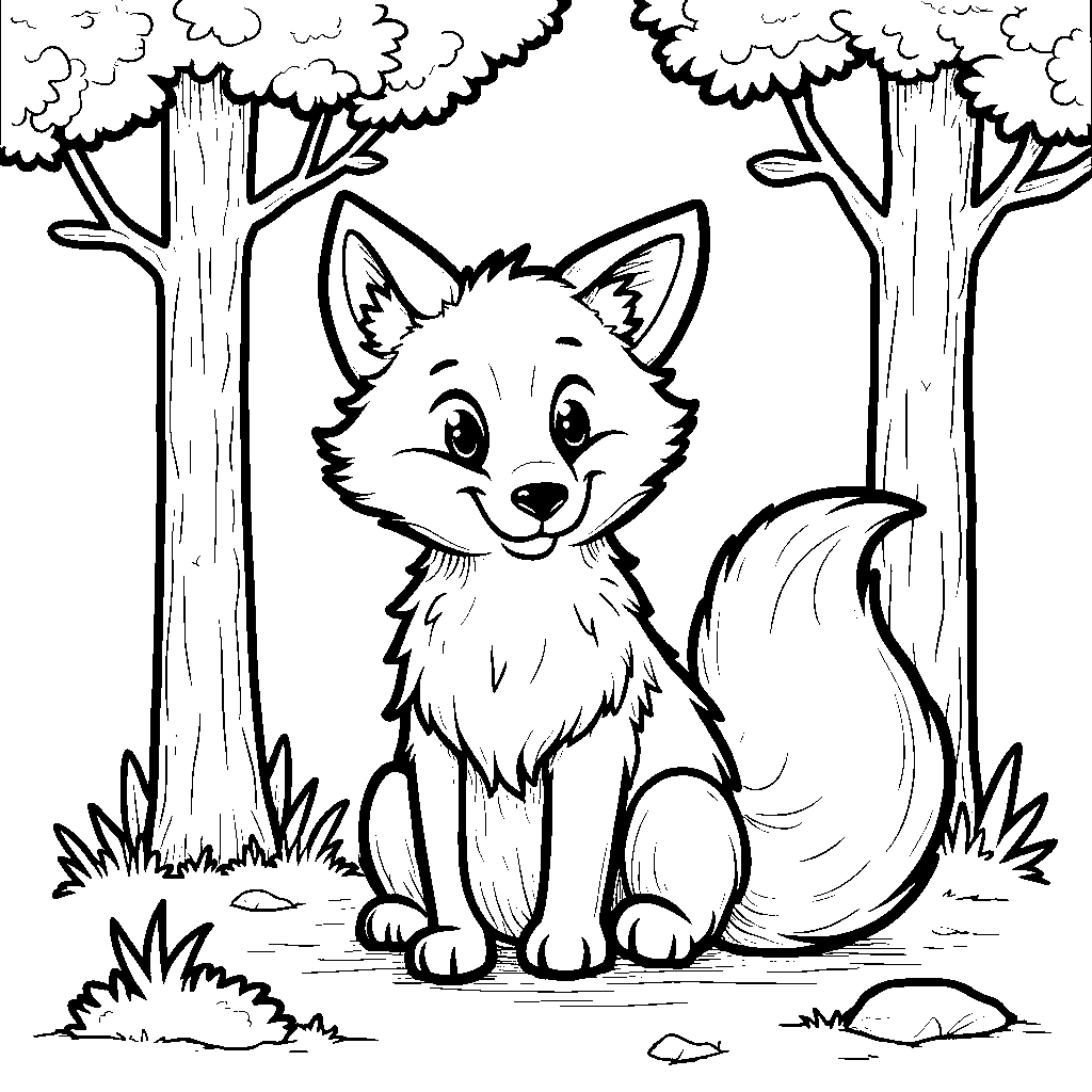 The letter F as a fluffy, cartoonish fox sitting in a forest