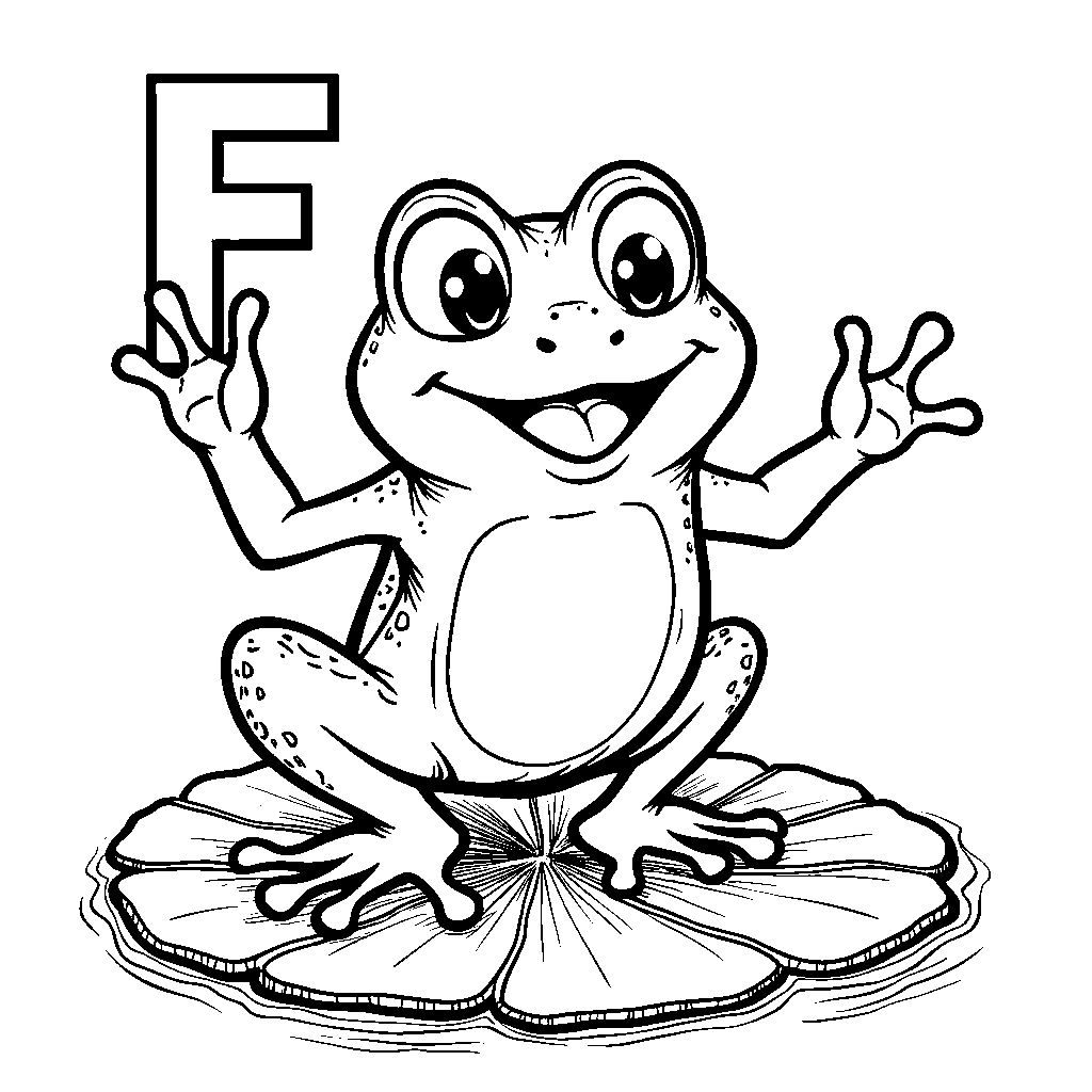 The letter F as a friendly, dancing frog on a lily pad.