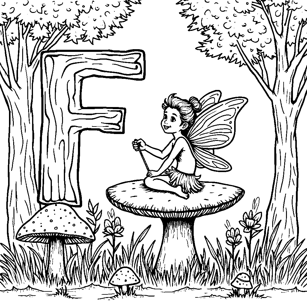 The letter F as a magical fairy sitting on a mushroom in a forest