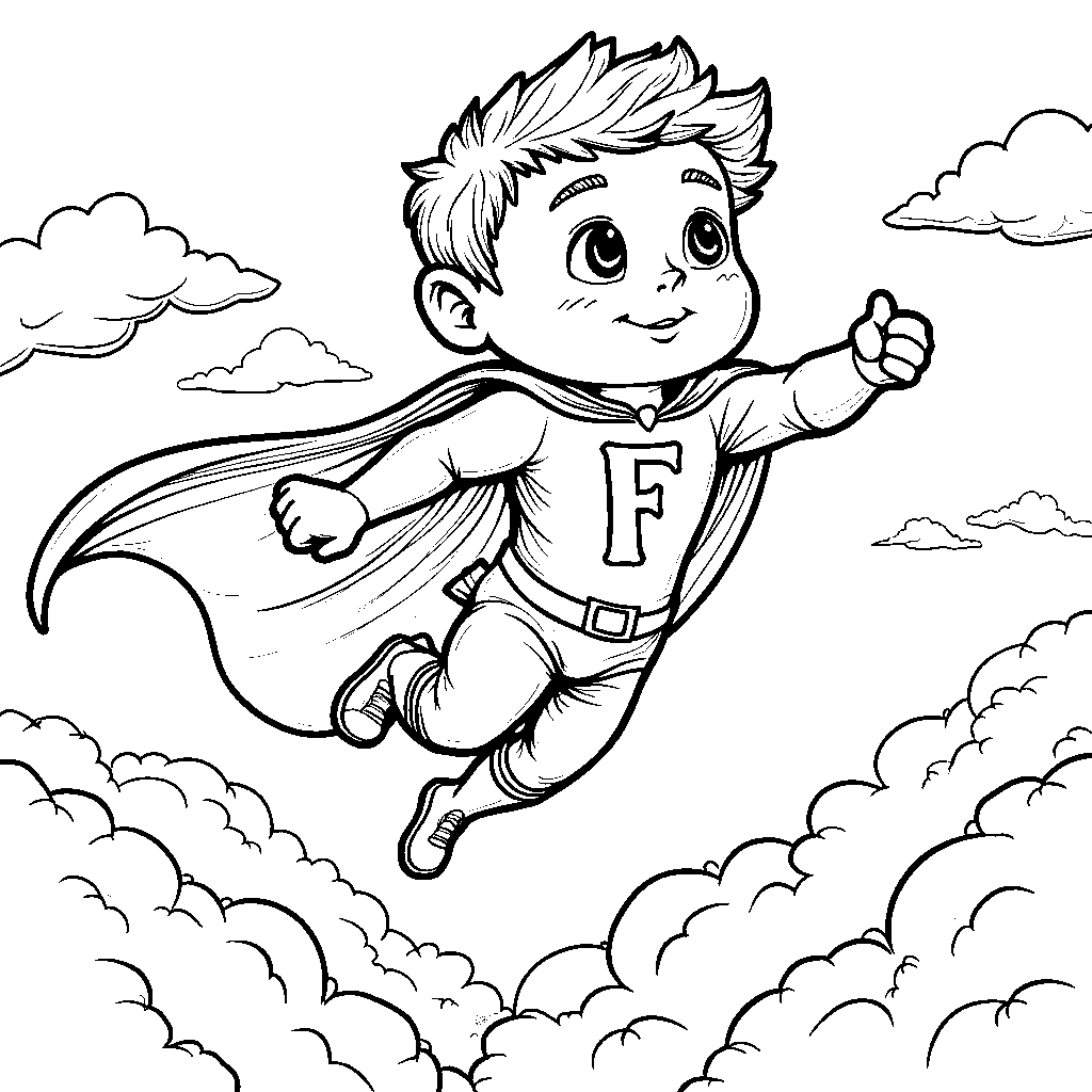 The letter F as superhero flying through the clouds with a cape