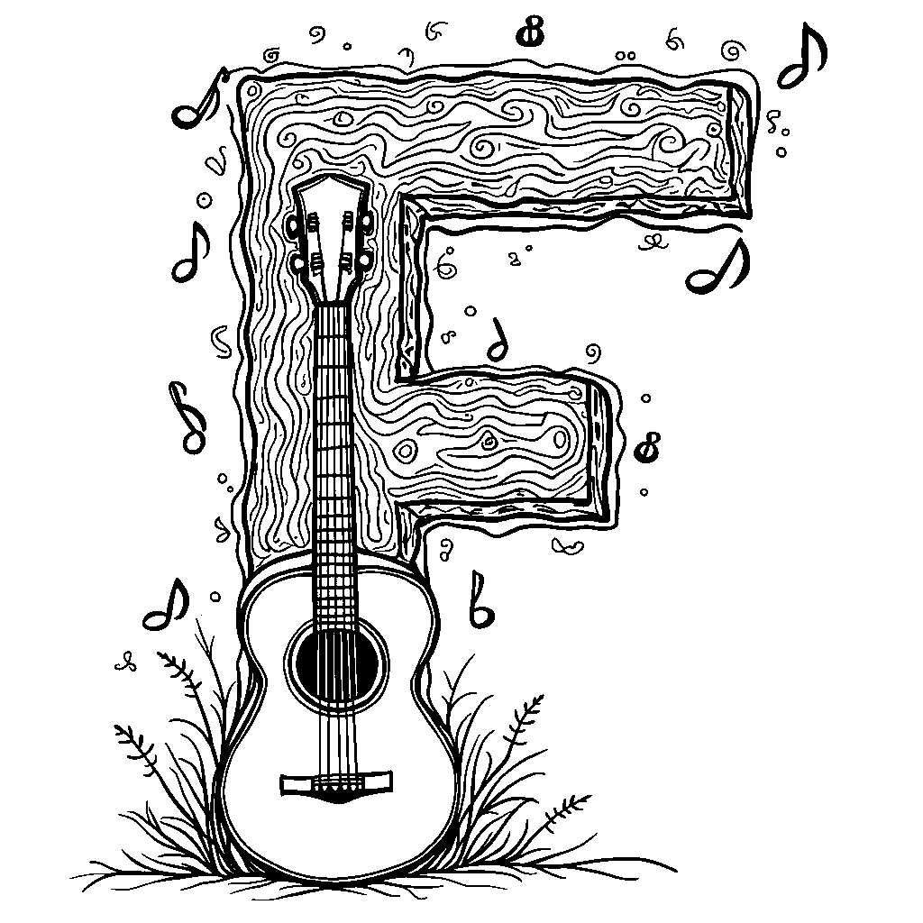 The letter F crafted from musical notes floating around a guitar