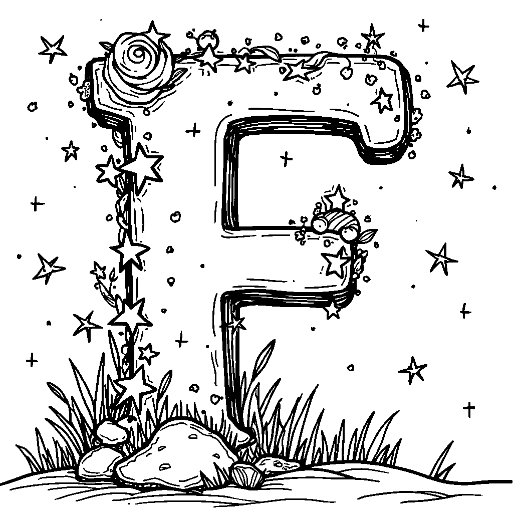 The letter F decorated with stars and moon in a dreamy night sky.