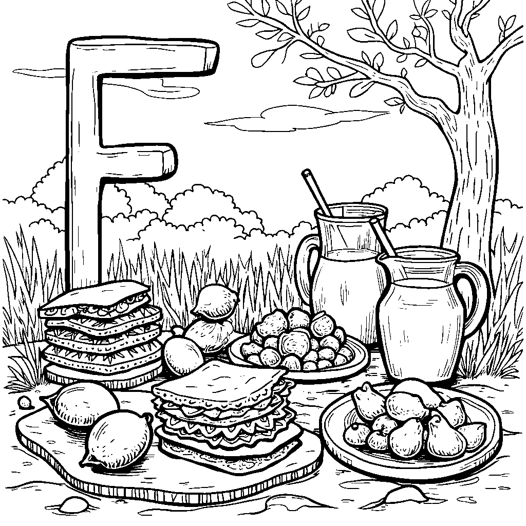 The letter F designed as a picnic scene with food and friends.