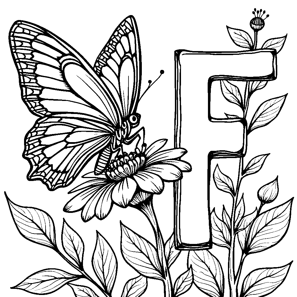 The letter F designed as a vibrant butterfly perched on a flower