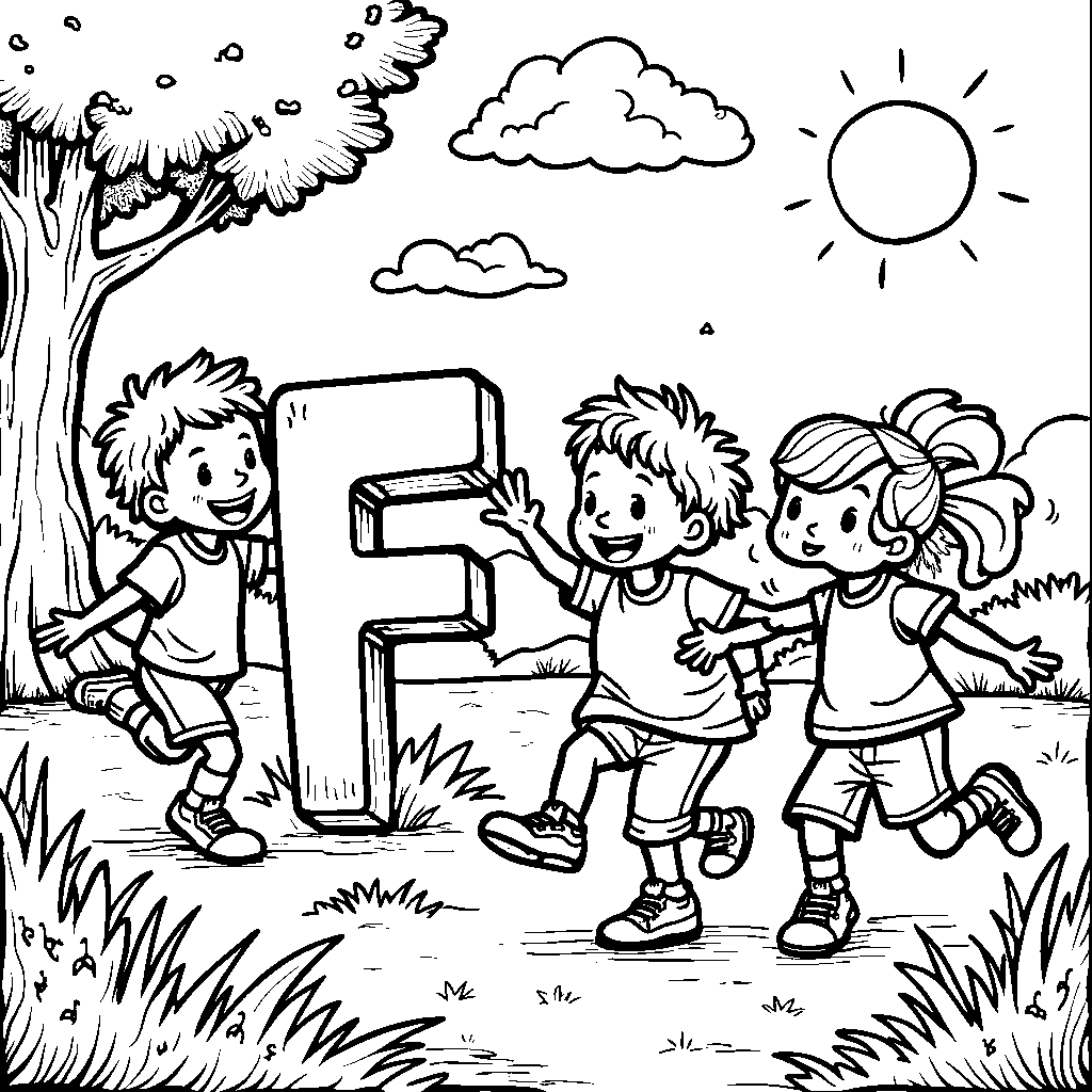 The letter F playing with a group of happy children in the park