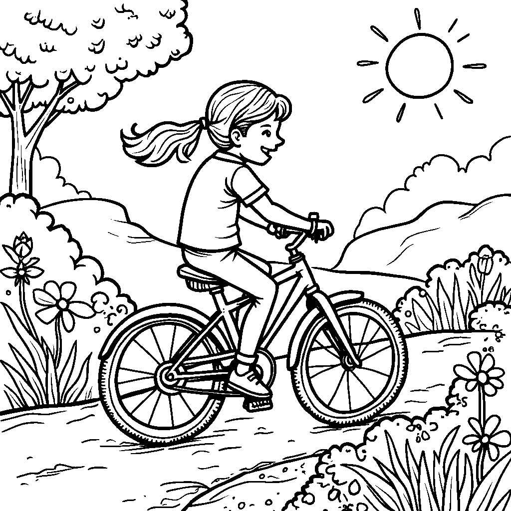 The letter F riding a bicycle on a scenic path