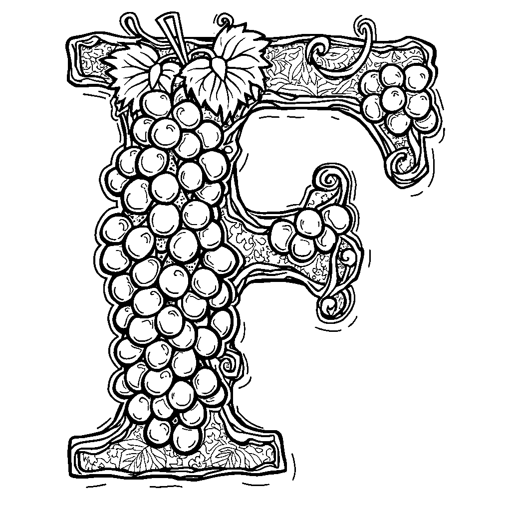 The letter F shaped like a bunch of grapes on a vine.