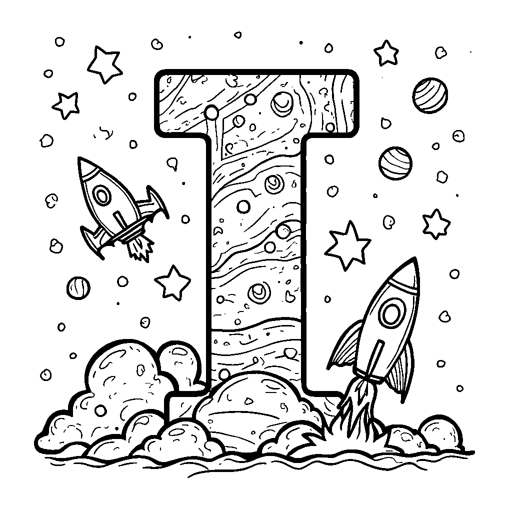 A letter I decorated with fun outer space motifs like rockets and planets