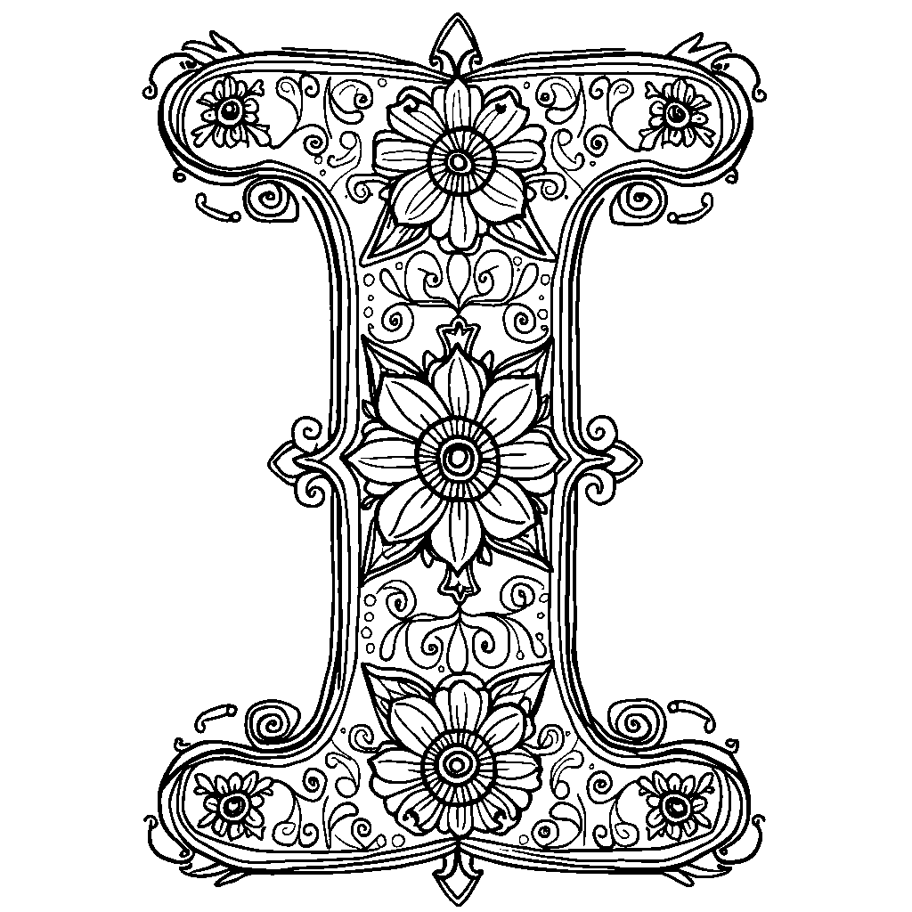 A letter I filled with intricate patterns to color in