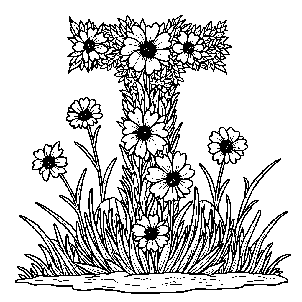 A letter I made from patches of grass and flowers