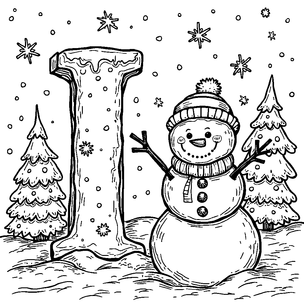 A letter I set in a winter wonderland with snowmen