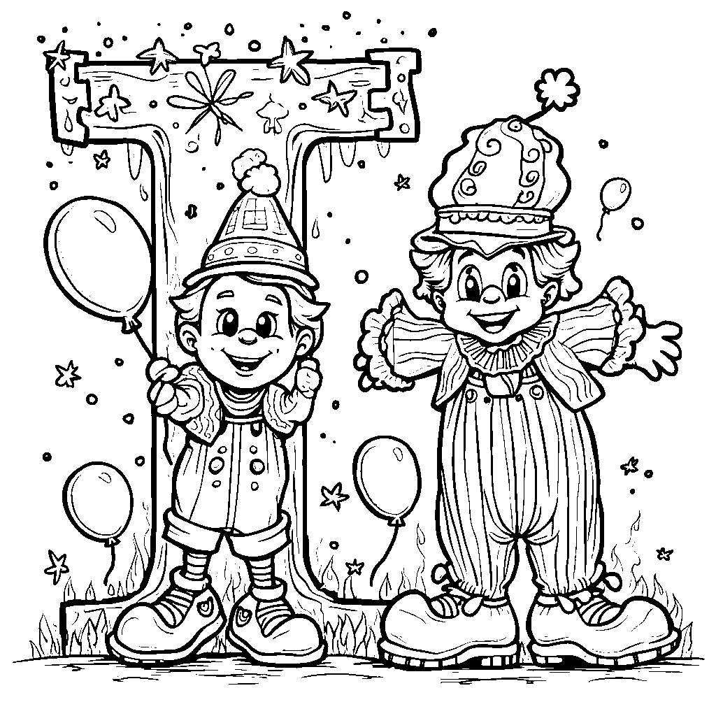 An illustrated letter I decorated with circus elements like clowns and balloons