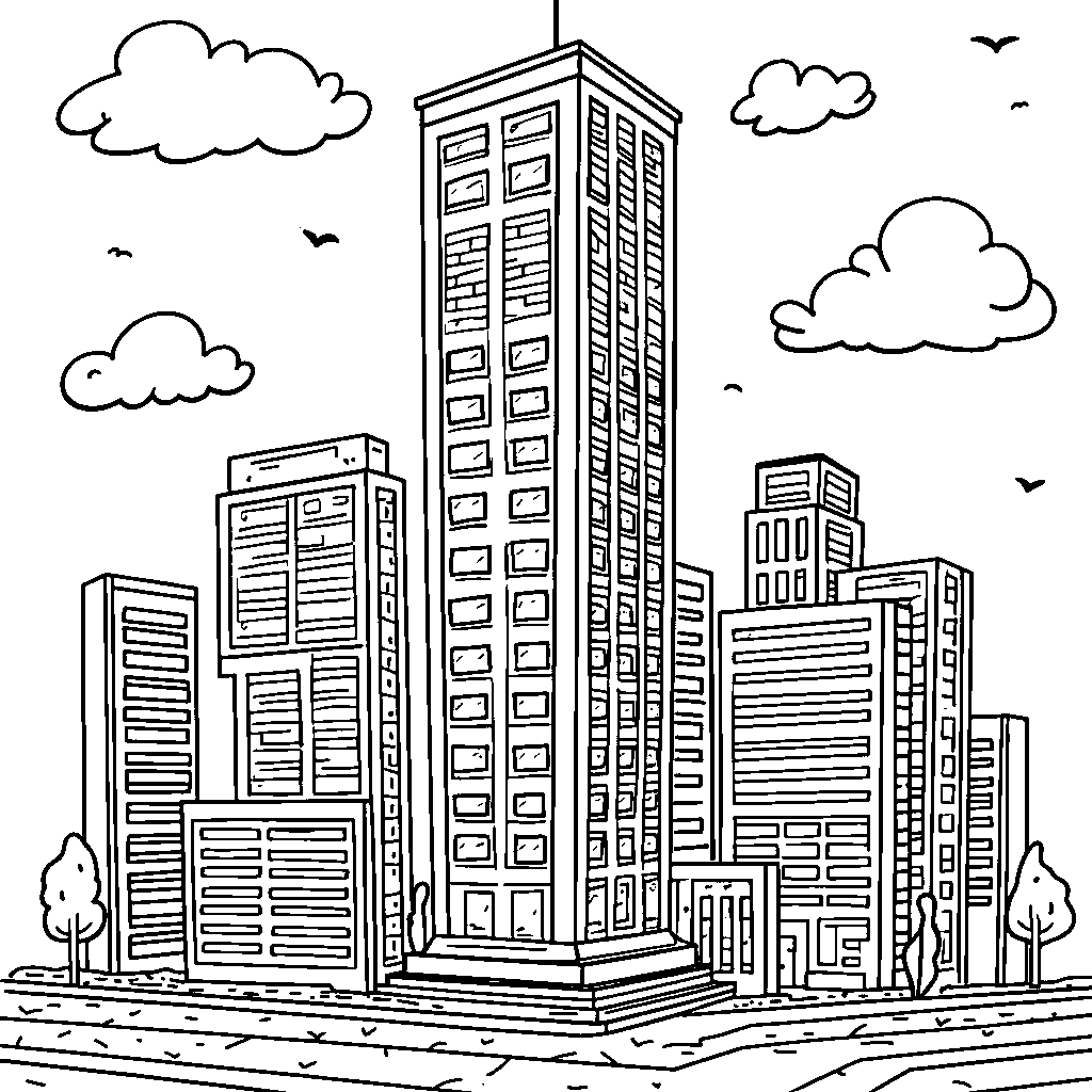 An illustration of the letter I as a tall skyscraper in a city