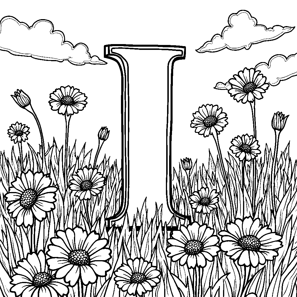 An illustration of the letter I standing in a field of daisies