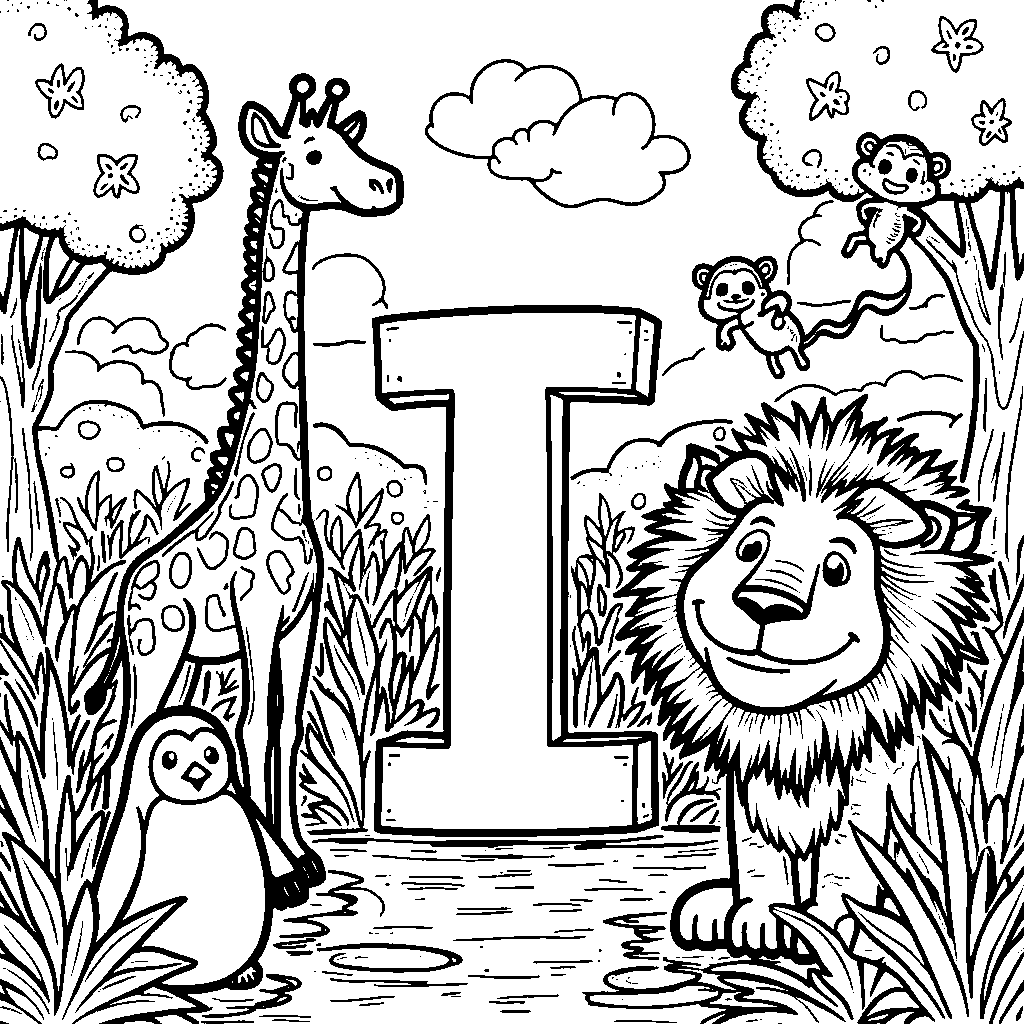 The letter I in the middle of a zoo with animals around it