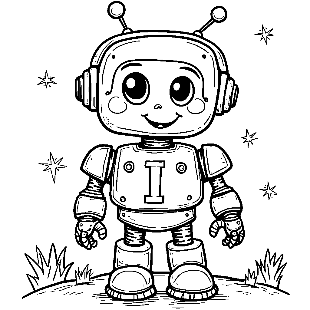 The letter I as a friendly robot with sparkly details