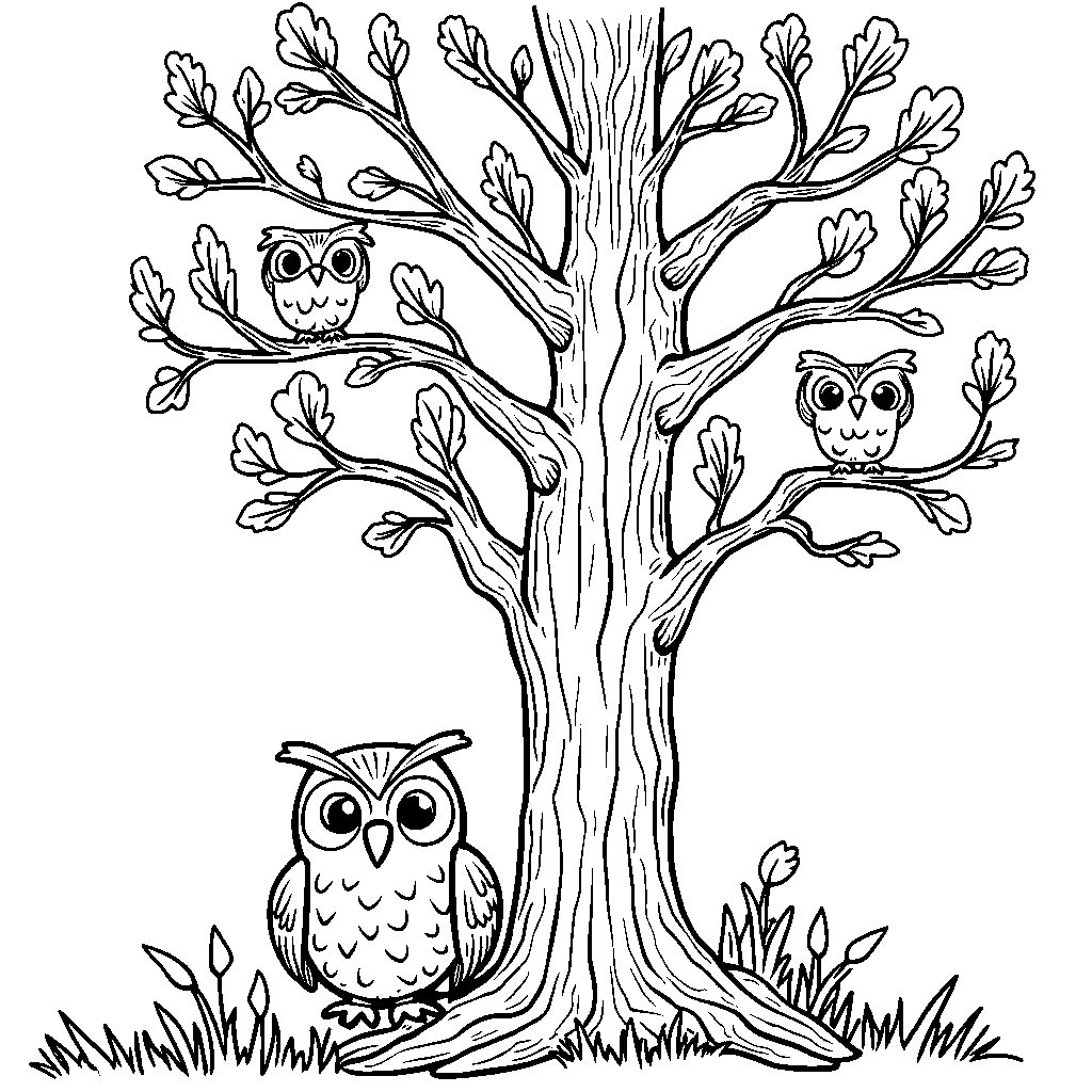 The letter I as a tall tree inhabited by owls