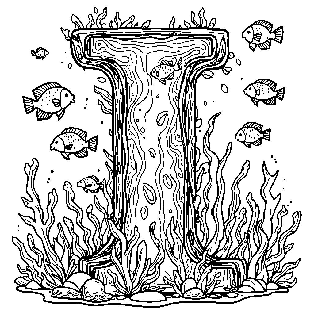 The letter I with details of an underwater scene featuring fish and coral