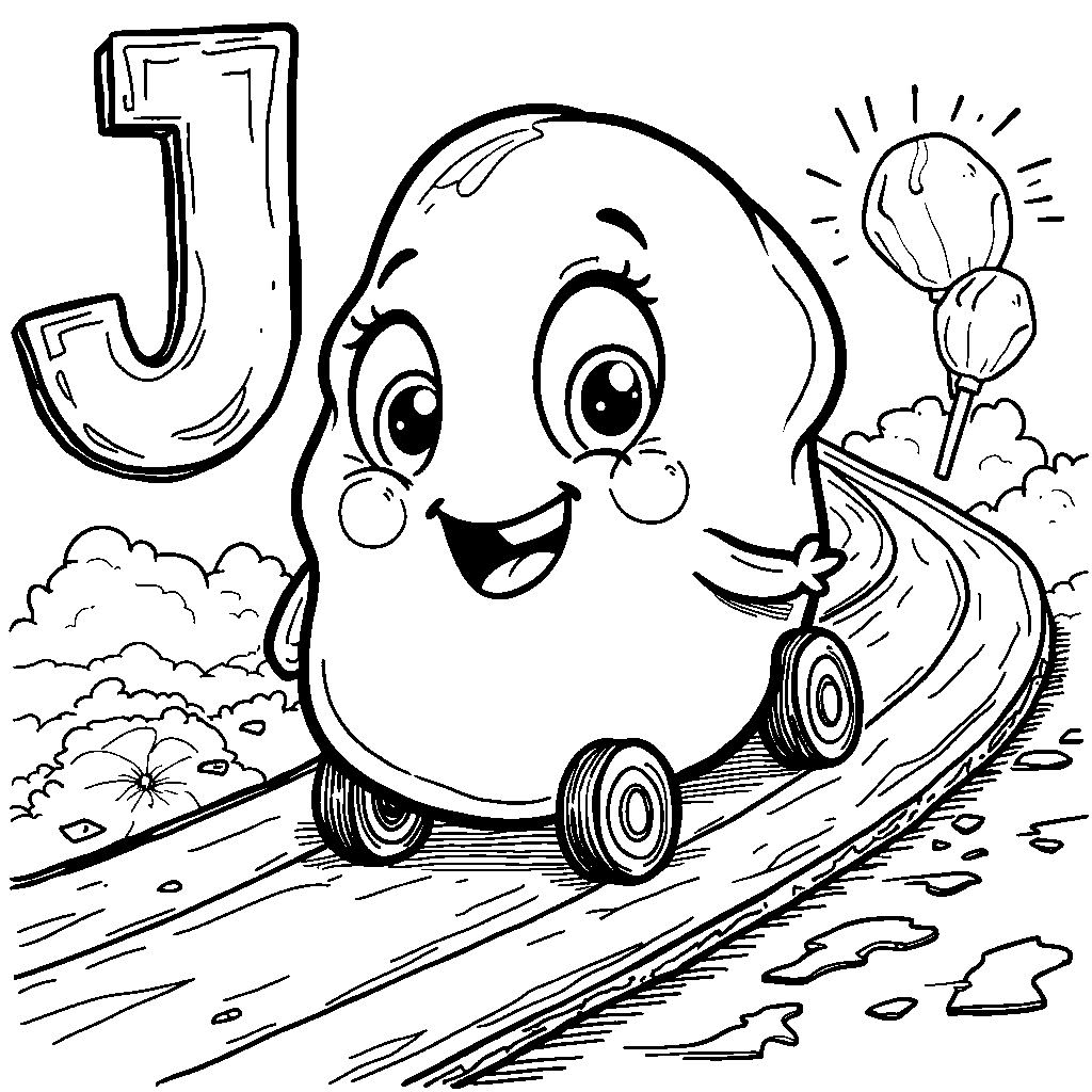 A cartoon jellybean racing along the letter J.