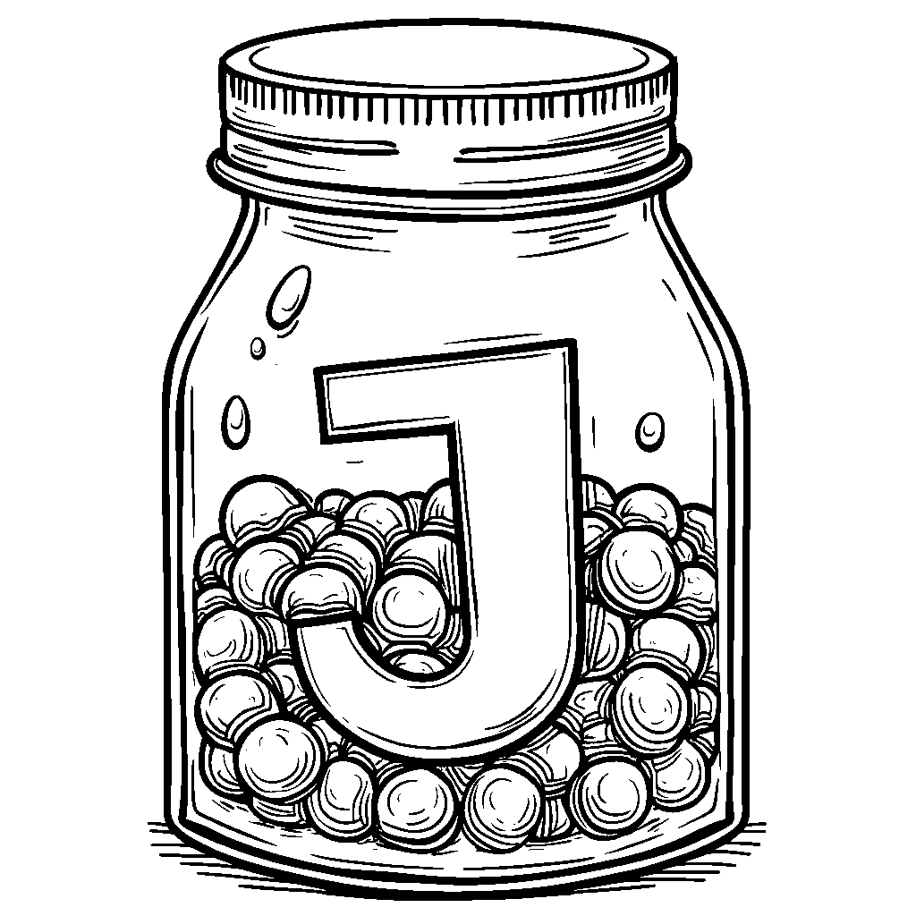 A cartoonish jar filled with rainbow candies shaped like the letter J.