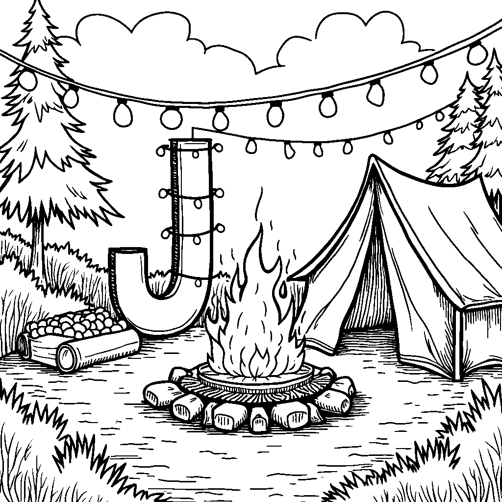 A cozy campsite with lights strung around a letter J.