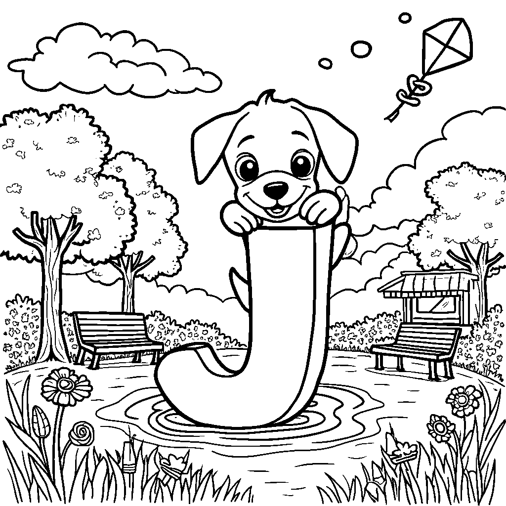 A cute puppy popping out of a letter J in a sunny park