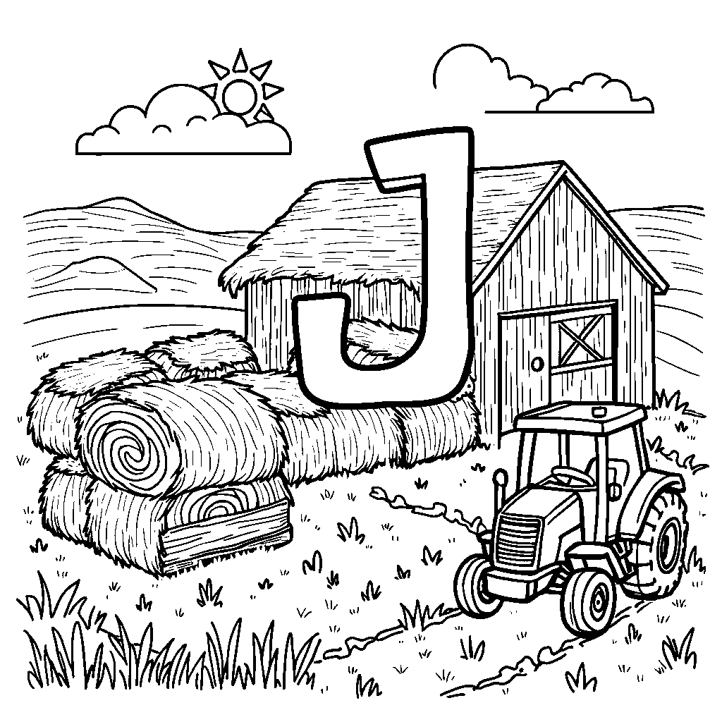 A farm scene with a letter J made of hay bales