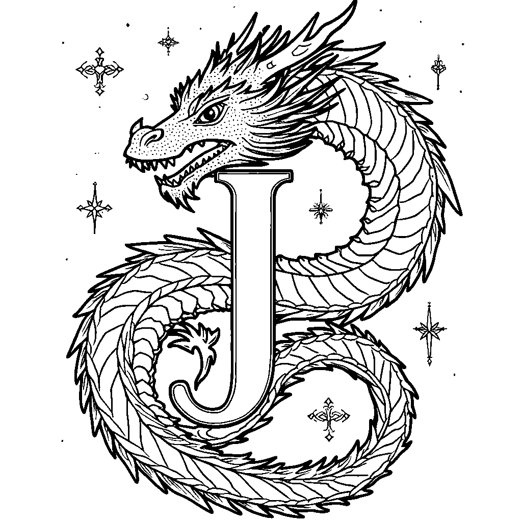 A fierce dragon curled around a sparkling letter J.