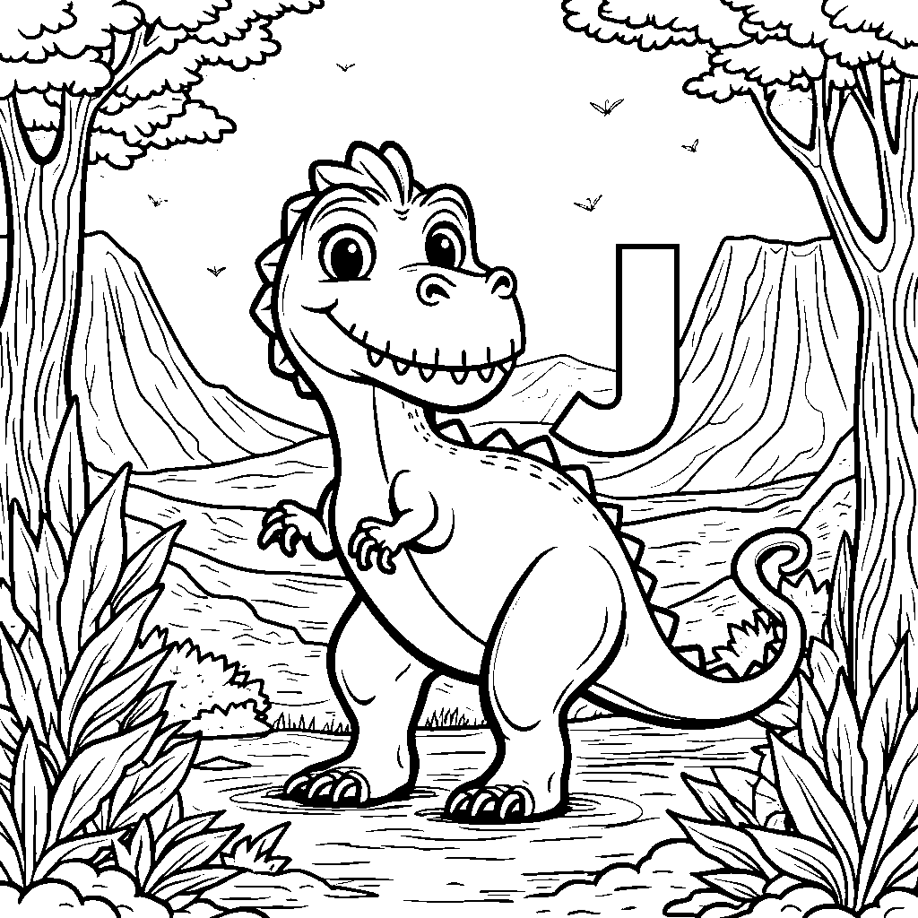 A friendly dinosaur posing next to a letter J in a prehistoric scene