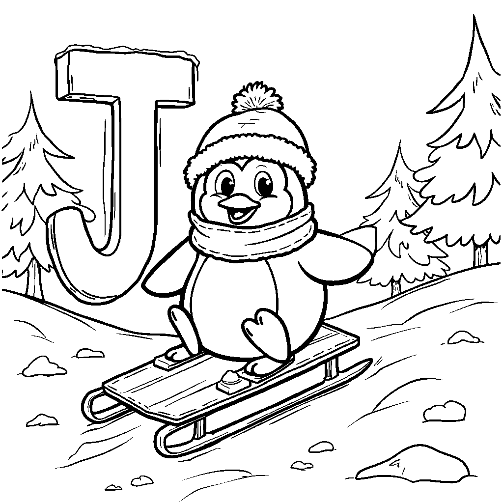 A jolly penguin sliding down a snowy hill with a letter J as its slide