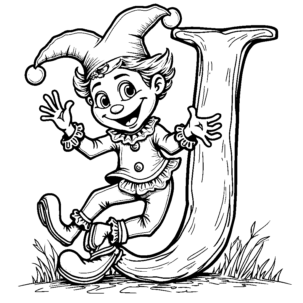 A joyful jester performing tricks around a letter J.