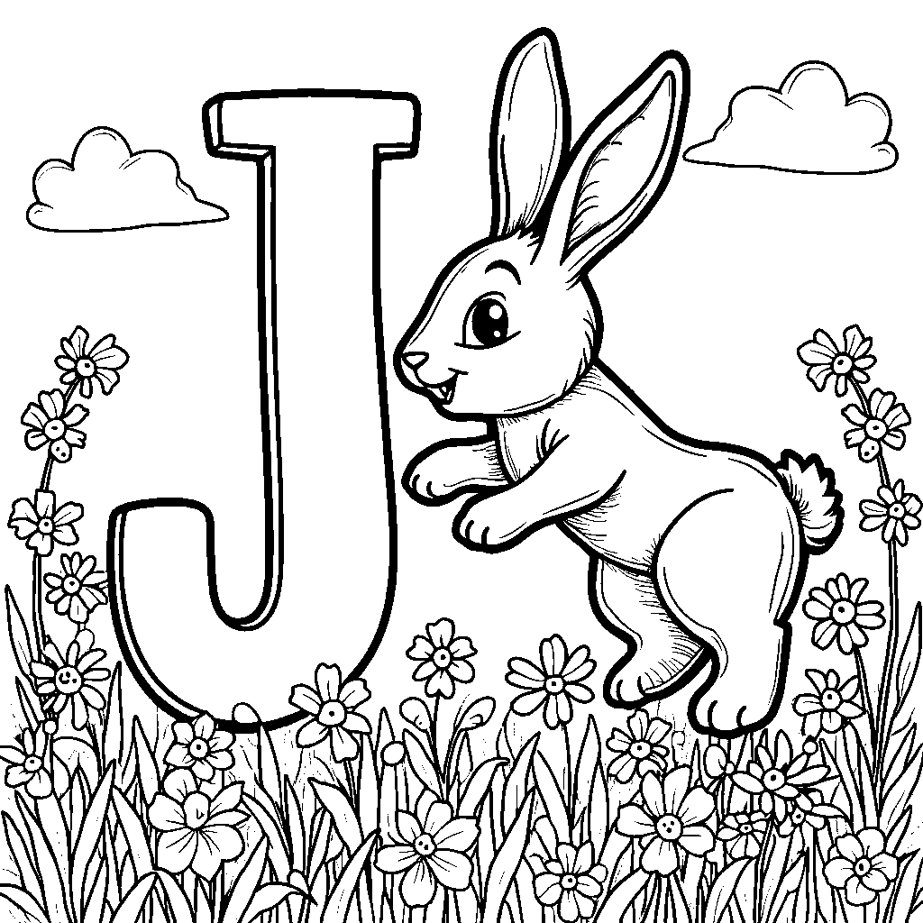 A jumping rabbit next to a large letter J in a field of flowers