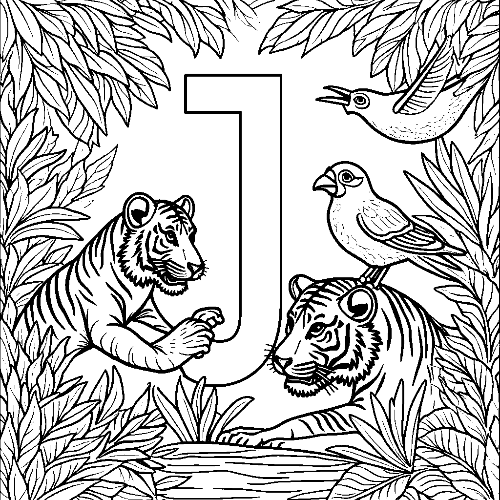 A jungle scene with the letter J hidden among the leaves and animals