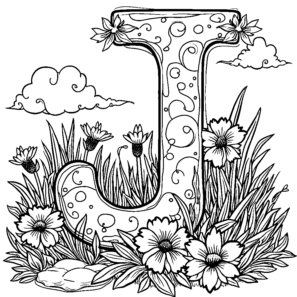 A landscape with a giant letter J made of grass and flowers