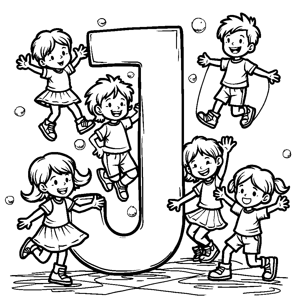 A letter J surrounded by joyful children playing games