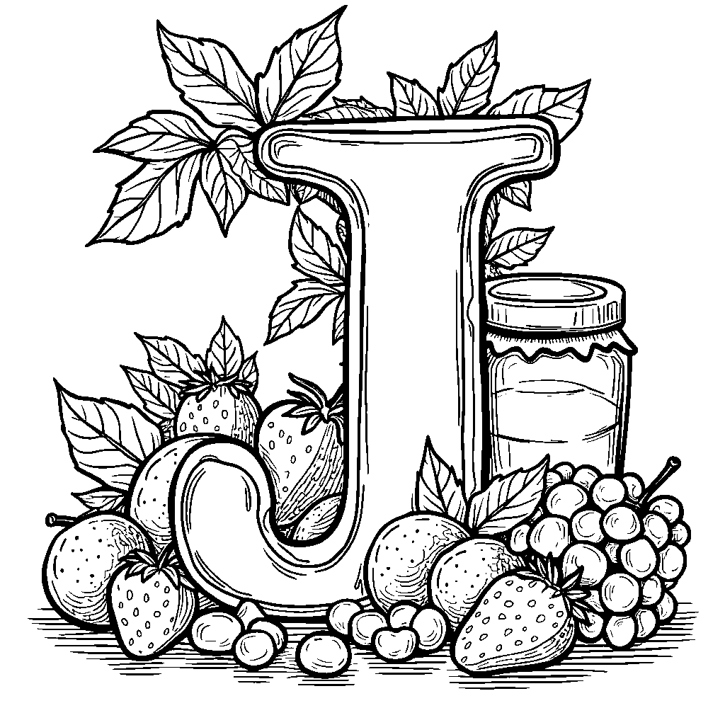 A letter J surrounded by juicy fruits like jellybeans and jam.