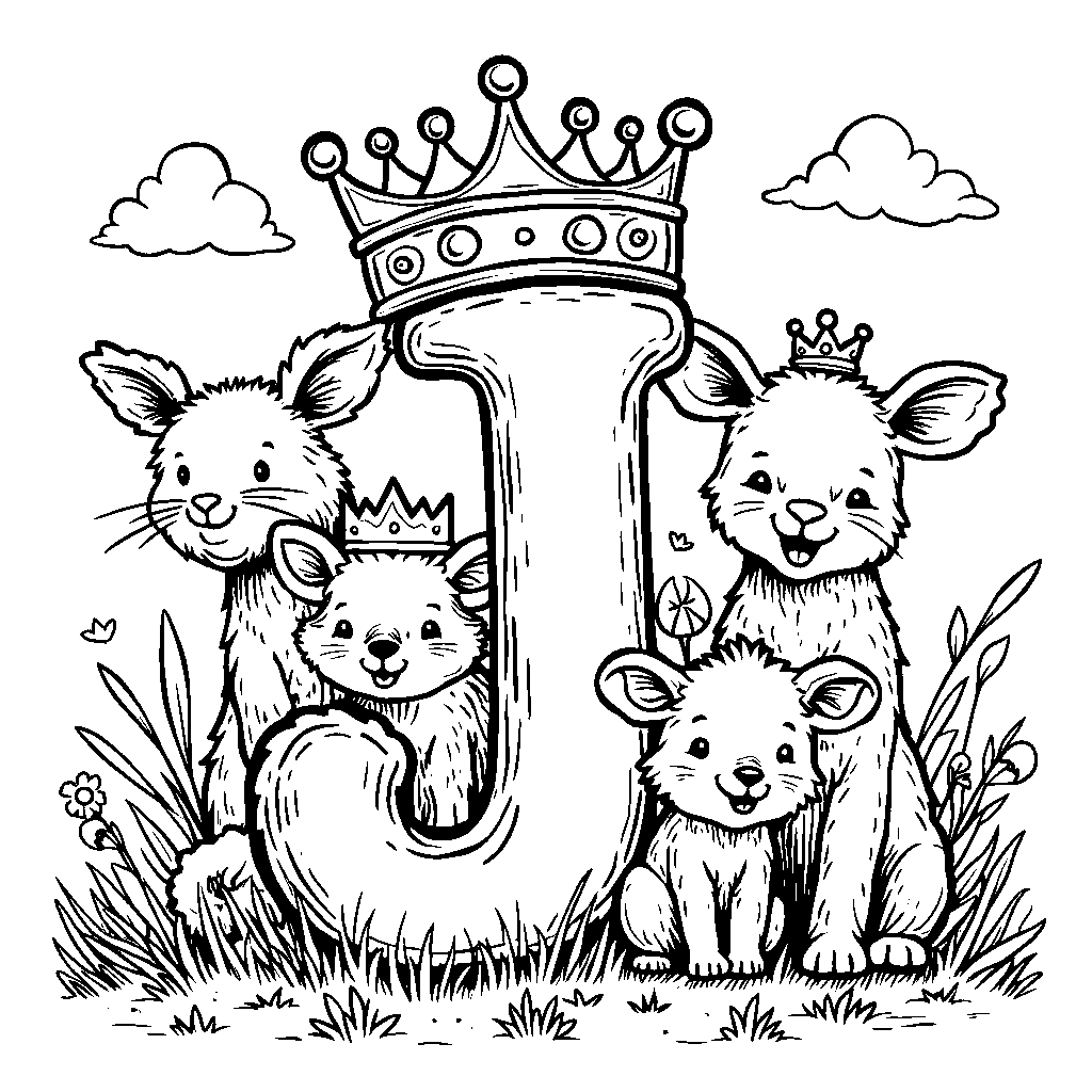 A letter J wearing a joyful crown surrounded by happy animals.