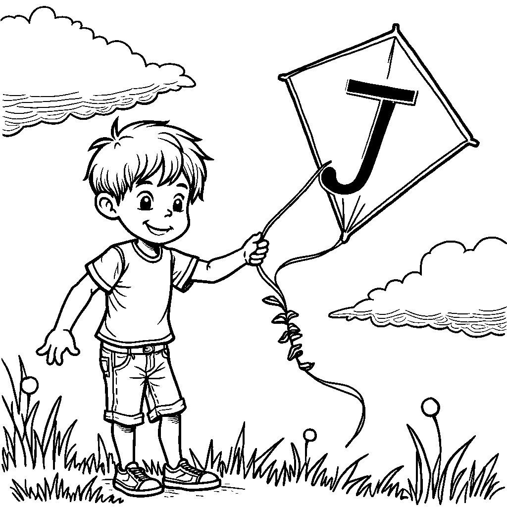 A little boy with a kite shaped like the letter J flying high