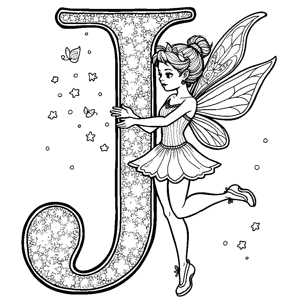 A magical fairy floating around a glittering letter J