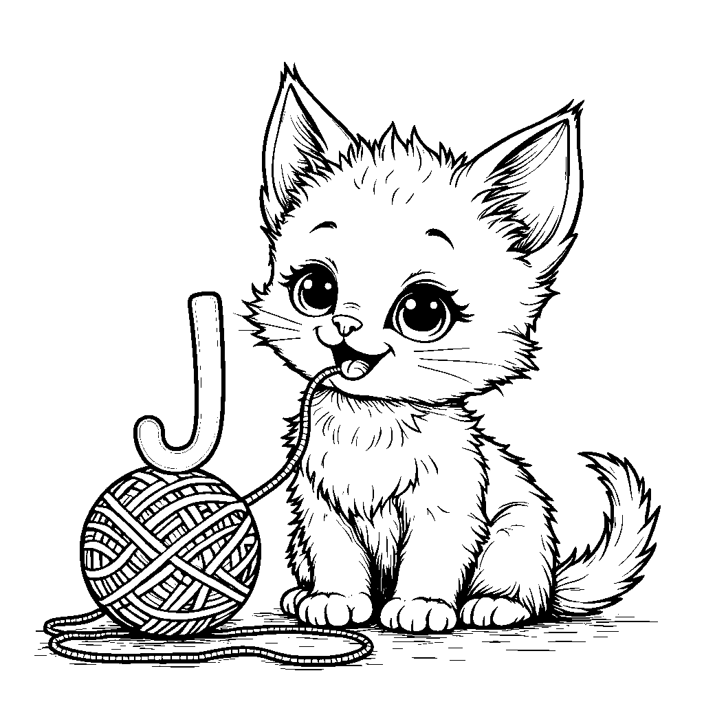 A playful kitten with a yarn ball shaped like the letter J