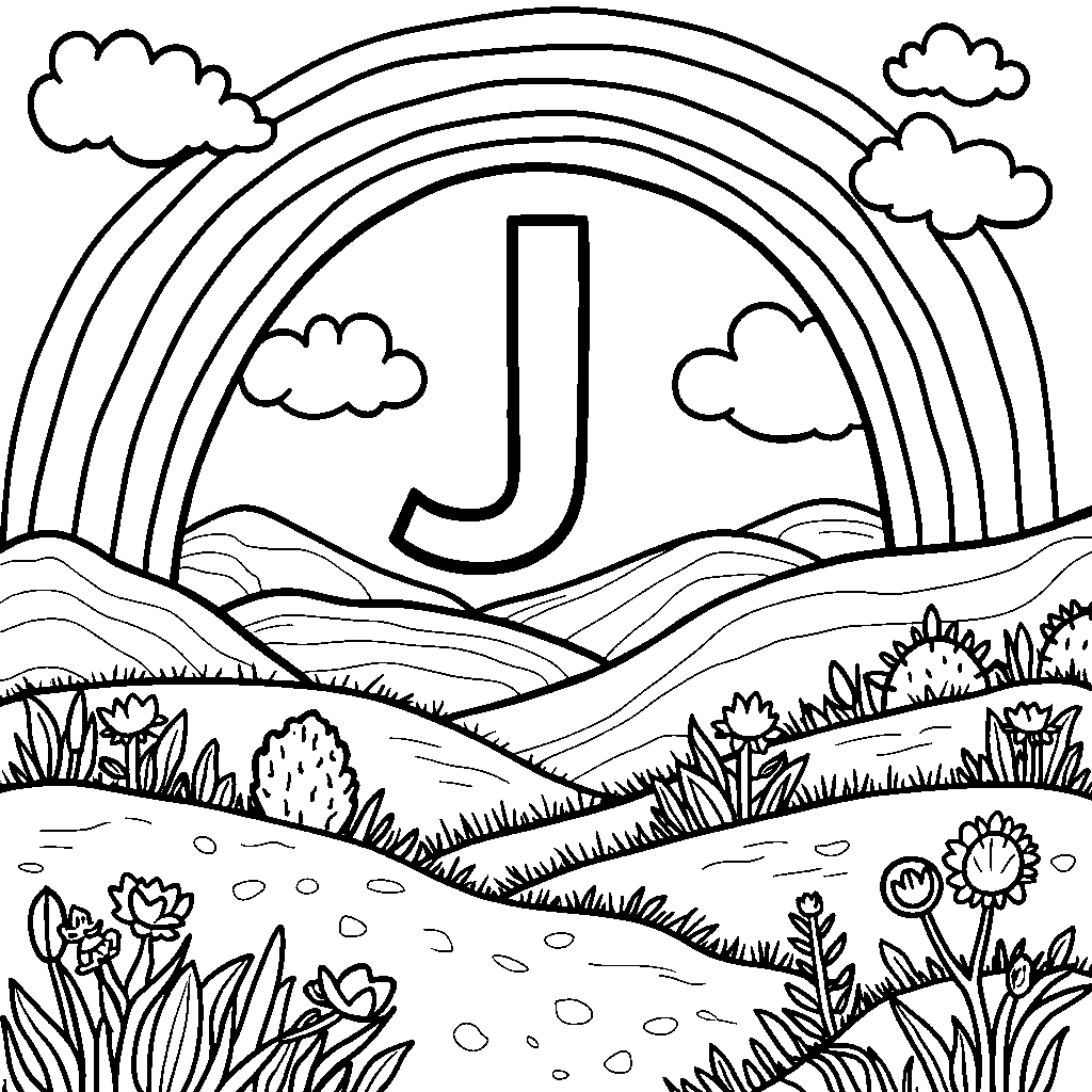 A rainbow arching over a letter J in a cheerful landscape