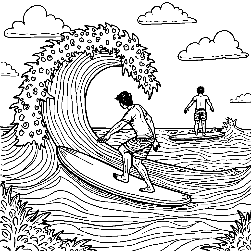 A surfing scene with a letter J formed by the waves