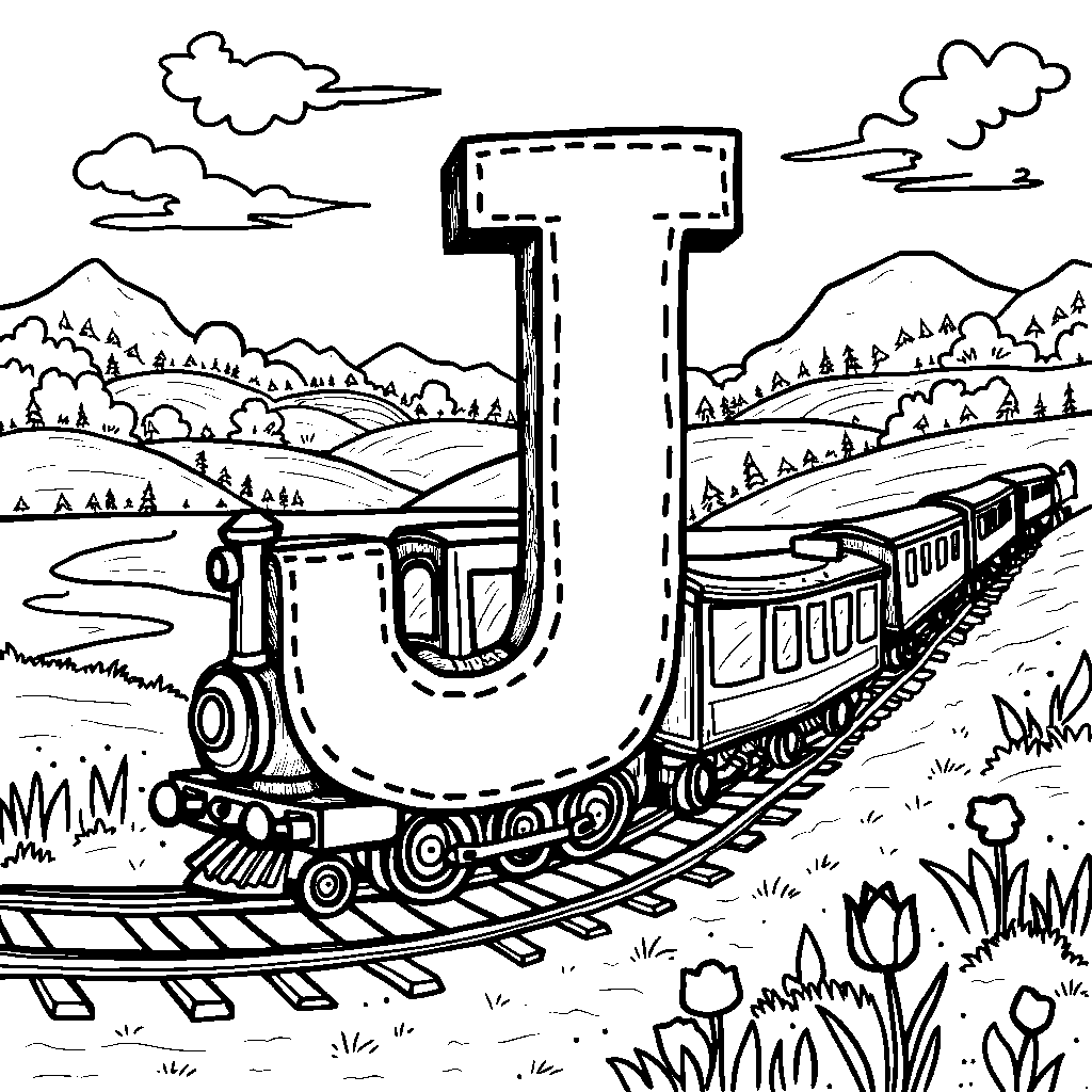 A whimsical train shaped like the letter J chugging through the countryside