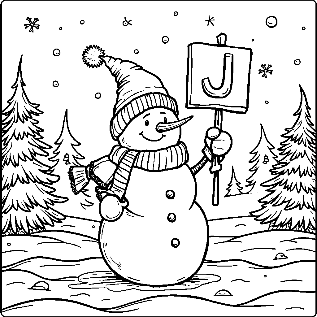 A winter scene with a jolly snowman holding a letter J sign